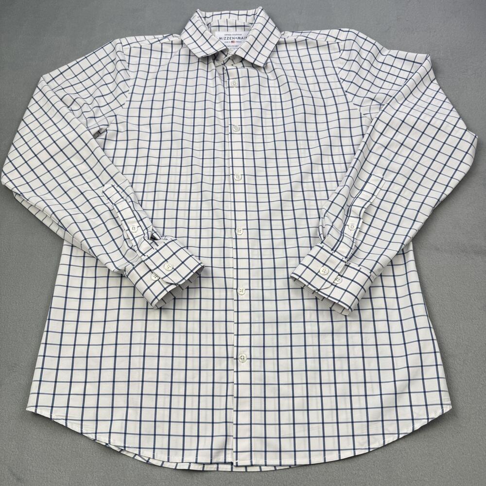 Mizzen+Main Leeward Dress Shirt Mens Large White Blue Check Trim Fit USA Stretch